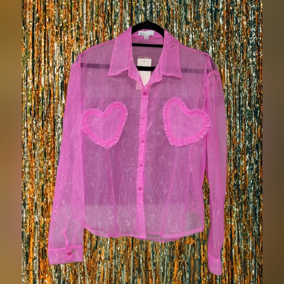 NWT Hot & Delicious sheer pink ruffle heart button-down - Picture 1 of 7